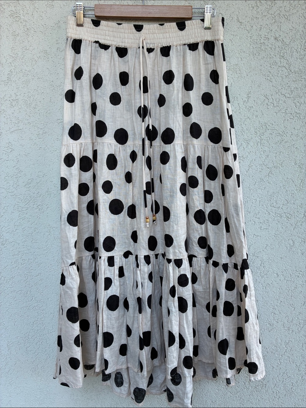 Kivari Linen Polka Dot Tiered Maxi Skirt - Black on Cream